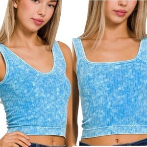ZENANA REVERSIBLE 2-WAY WASHED RIBBED SEAMLESS TANK TOP DEEP SKY BLUE S/M L/XL